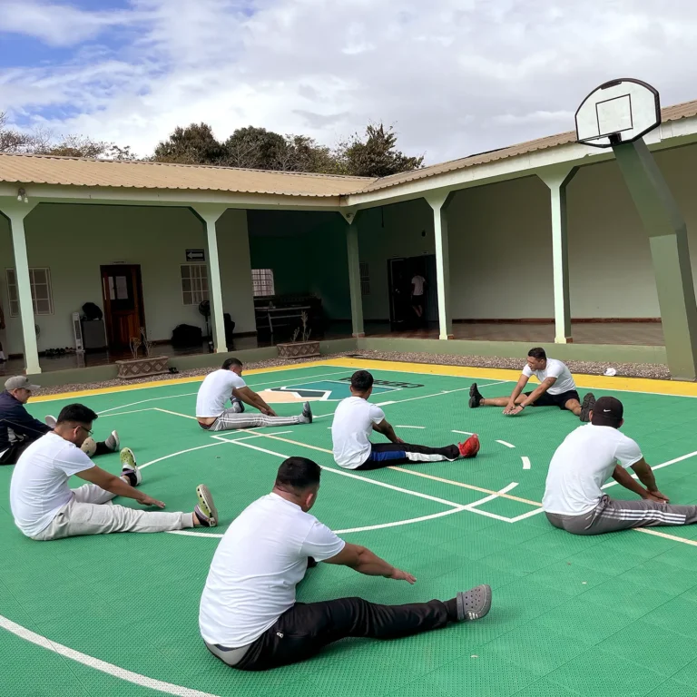 CEREPA patients exercise outside in the facility's courtyard.